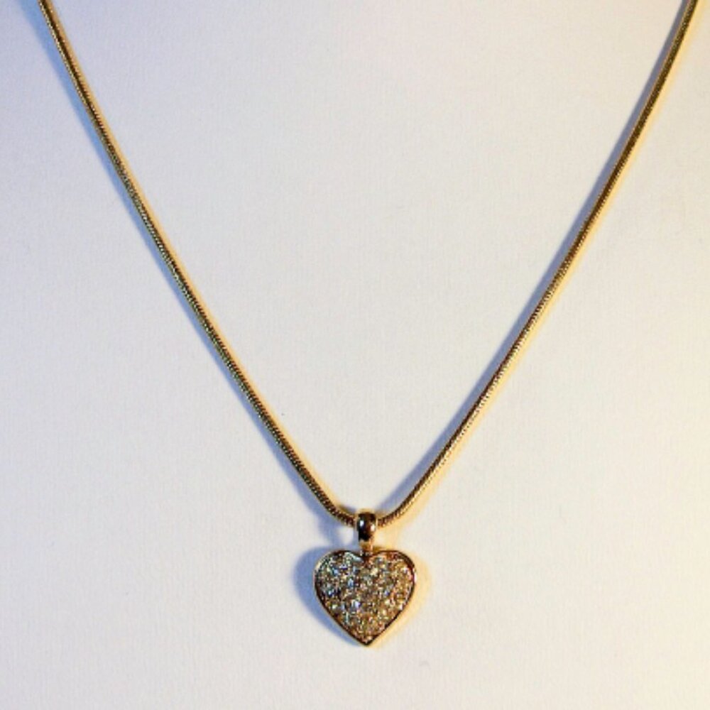 Vintage Necklace Gold Tone Pave Rhinestone Heart Pendant 18 inch Snake Chain